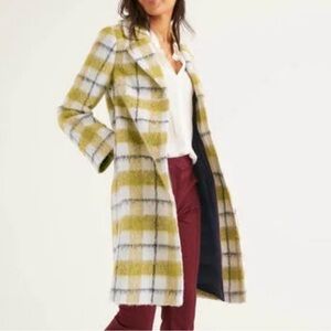 Boden Boudica Check Coat Fuzzy Long Button Yellow Black Plaid Wool Alpaca Sz 16